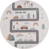 Rond kindervloerkleed speelweg COCO crème - wegprint met bergen en boompjes