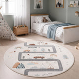 Rond speelkleed met weg COCO crème in kinderkamer - sfeerfoto
