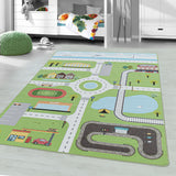 Kid's 2902 City Green Vloerkleed Laagpolig Kinderkamer Tapijt in een sfeervolle woonkamer